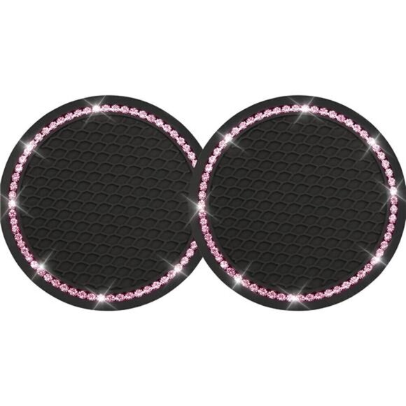 Car Cup Coaster Pink Black Bling Vehicle 2 Pack Rhinestone Universal Insert - Picture 1 of 4